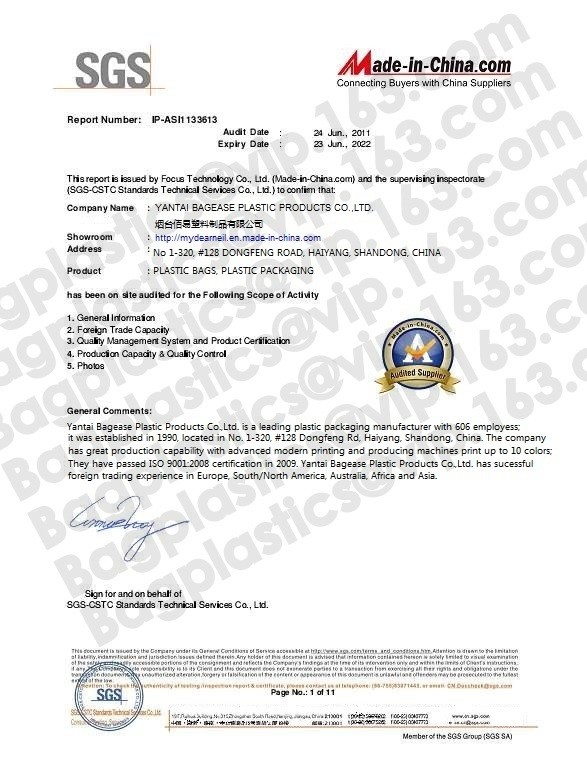China YANTAI BAGEASE PACKAGING PRODUCTS CO.,LTD. Certificaten