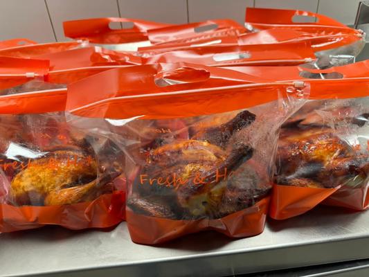 Biologisch afbreekbare geroosterde kip rotisserie zak ritszakken voor wegnemen voedselpakket, microwave veilig diepgevroren plastic verpakkingszakken voor gebakken kip verpakking