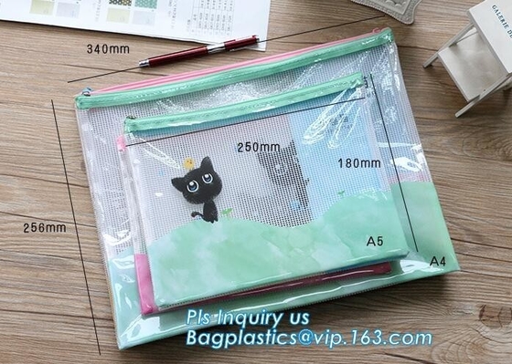 het vinyl Netto Patroon Mesh Bags van pvc met ritssluiting, van het het Potloodgeval van A4 Mesh Zip Document Wallet Folder van het Dossiersecury de Opslagzak