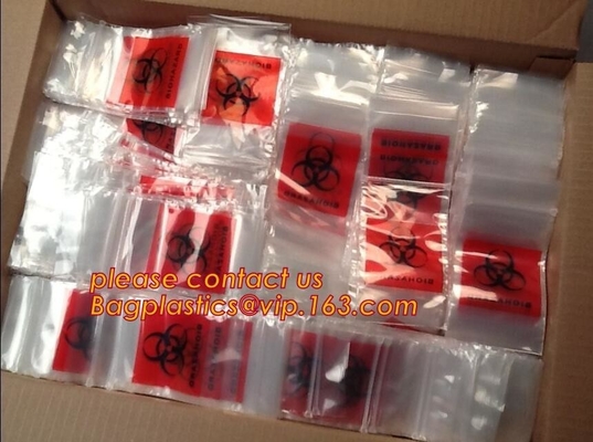 PE de Zak van Biohazard met pit, plastic het slotzak van de biohazardritssluiting, de Zak van de Kangoeroeritssluiting met Zak maakte in China, dat zakken test