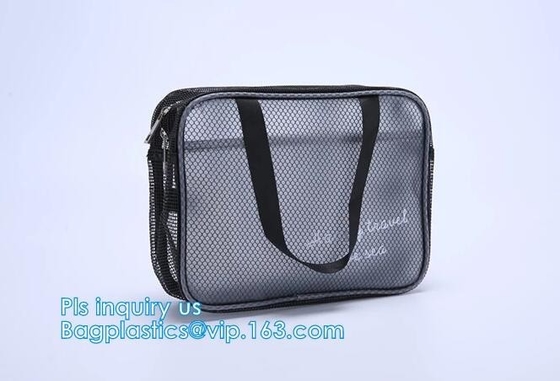 multifunctionele wasbare draagbare in te ademen 3 PCs-de reis kosmetische zak van het polyesternetwerk, Mesh Zipper Black Makeup Pouch Cosm