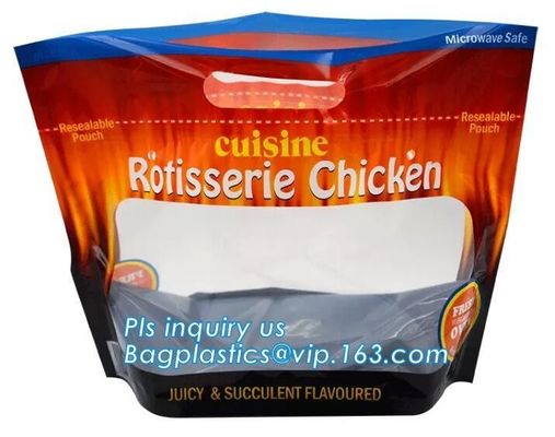 Biologisch afbreekbare geroosterde kip rotisserie zak ritszakken voor wegnemen voedselpakket, microwave veilig diepgevroren plastic verpakkingszakken voor gebakken kip verpakking