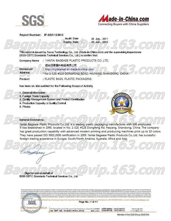 CHINA YANTAI BAGEASE BIODEGRADABLE COMPOSTABLE PRODUCTS CO.,LTD. Certificaten